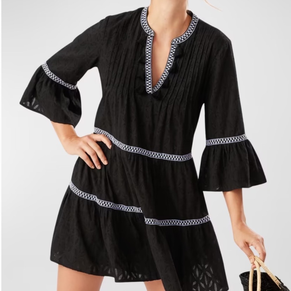 Tommy Bahama Embroidered Tassel V-Neck Cotton Tunic Dress Black Women Sz XL NWT